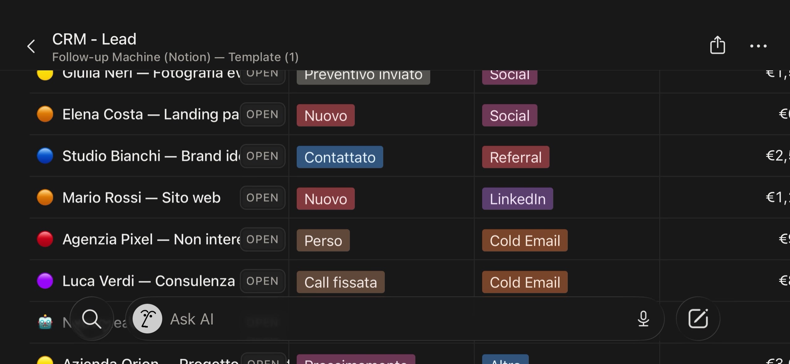 Follow-up Machine (Notion) — CRM per freelance